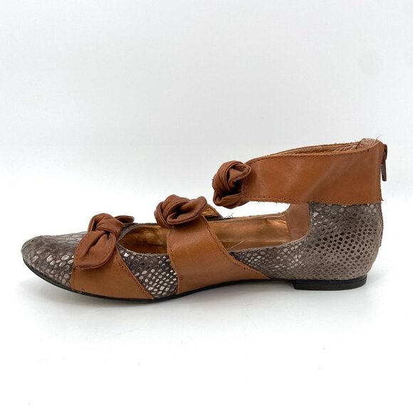 SEYCHELLES Brown Leather Upper Reptile Textured Bow Tie Ankle Strap Flat Shoes 8 - Picture 2 of 9